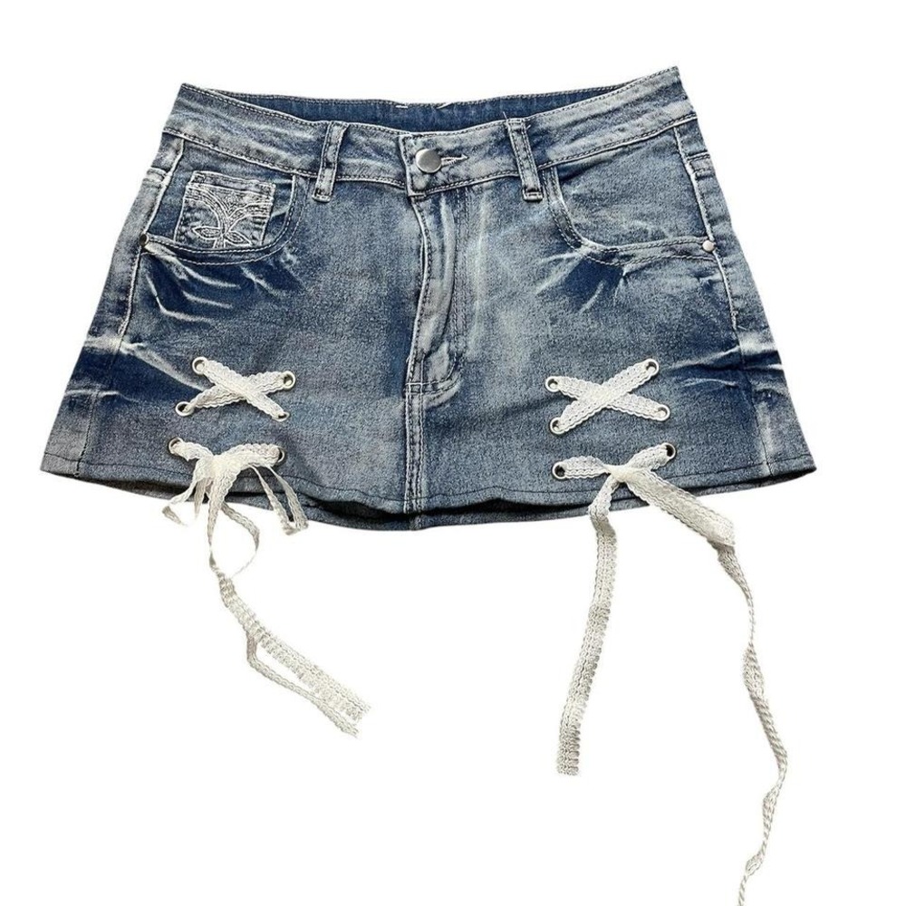 upcycled denim mini skirt with lace up detail and pocket design